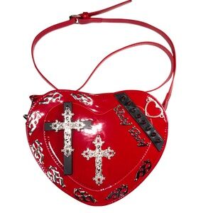 Red Patent Leather Vinyl Goth Heart Shaped Crossbody Purse Y2K Punk